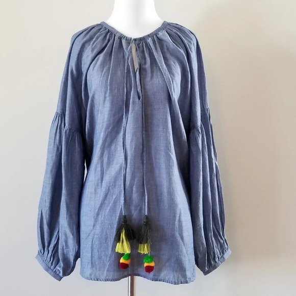 NWT Zara Blue Long Sleeve Pompom Top S - Picture 2 of 5